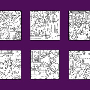 May include: Six black and white illustrations of women enjoying their summer vacation. The illustrations feature women relaxing in a variety of settings, including a beach, a park, a camper van, and a clothing store. Each illustration includes a dog or cat.