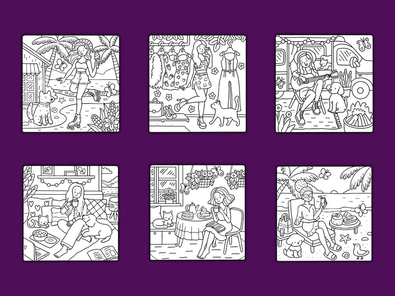 May include: Six black and white illustrations of women enjoying their summer vacation. The illustrations feature women relaxing in a variety of settings, including a beach, a park, a camper van, and a clothing store. Each illustration includes a dog or cat.