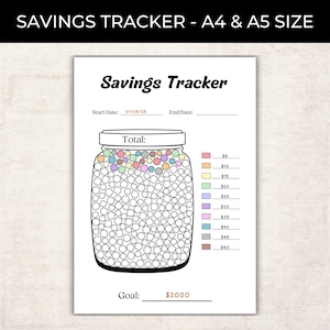 Könnte beinhalten: Ein weißes Spar-Tracker-Blatt mit dem Text "SAVINGS TRACKER - A4 & A5 SIZE" oben. Das Blatt zeigt eine Glaskanne-Grafik, gefüllt mit Kreisen, ein Ziel von 2000 €, und einen farbcodierten Schlüssel für Sparbeträge.