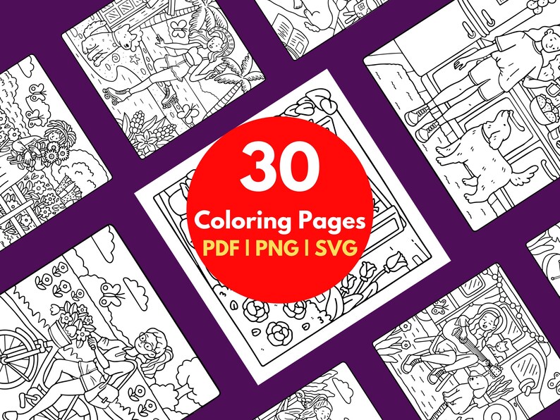 May include: A set of 30 coloring pages featuring various scenes with people and animals. The pages are black and white line drawings, ready to be colored. The text "30 Coloring Pages PDF | PNG | SVG" is displayed in a red circle.