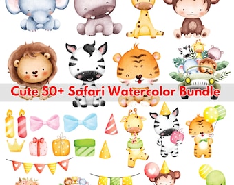 50+ Safari Watercolor Clipart Bundle Pdf Png| Safari Elements Bundle Png| Diy Safari Birthday Invitation| Cute Safari Party Decorations