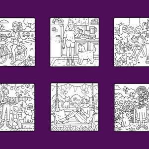 May include: Six black and white illustrations of people enjoying a summer day outdoors. The illustrations feature people riding bikes, gardening, having tea, grilling, relaxing on a swing, and reading a book. Each illustration includes a dog or cat.