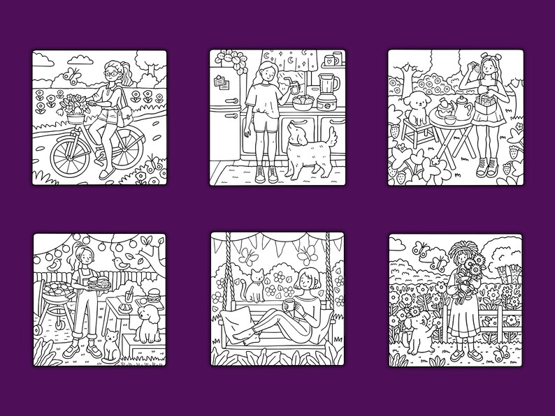 May include: Six black and white illustrations of people enjoying a summer day outdoors. The illustrations feature people riding bikes, gardening, having tea, grilling, relaxing on a swing, and reading a book. Each illustration includes a dog or cat.