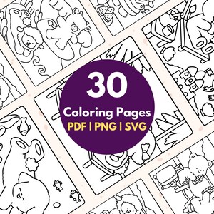 Pu&ograve; includere: Un set di 30 pagine da colorare in bianco e nero con illustrazioni di animali carini. Le pagine sono progettate per essere colorate da bambini e adulti. Il testo sull'immagine dice "30 Coloring Pages PDF | PNG | SVG".