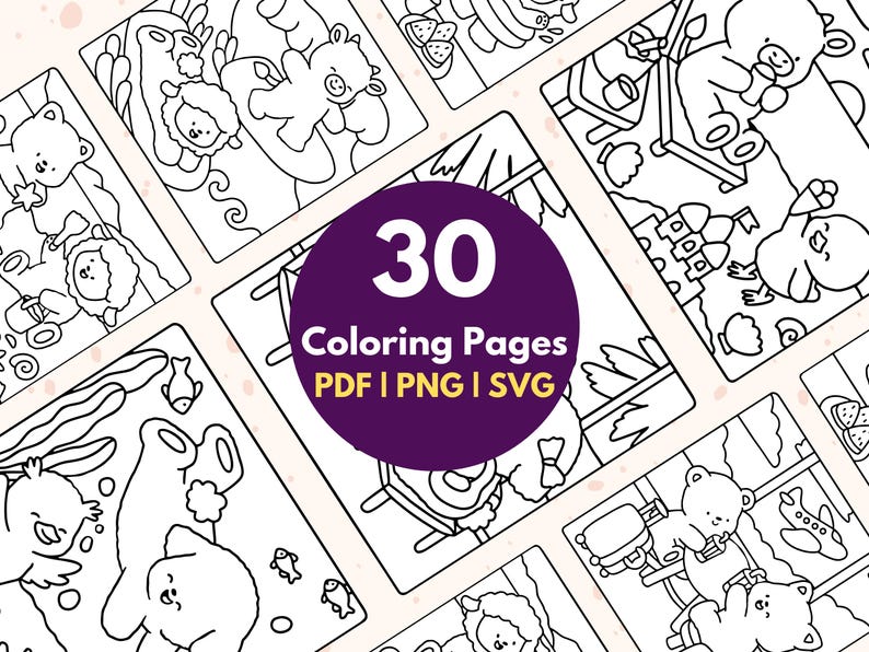 Pu&ograve; includere: Un set di 30 pagine da colorare in bianco e nero con illustrazioni di animali carini. Le pagine sono progettate per essere colorate da bambini e adulti. Il testo sull'immagine dice "30 Coloring Pages PDF | PNG | SVG".