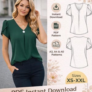 Naaipatroon blouse geplooide voorkant pdf - digitale download - patroon top dames v-hals, beginner XS-XXL