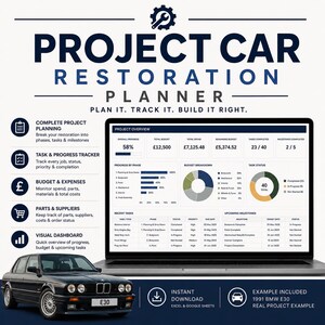 May include: A digital project car restoration planner displayed on a laptop screen, featuring a dashboard with progress charts, budget breakdowns, and task lists. The text reads Project Car Restoration Planner, Plan It, Track It, Build It Right.