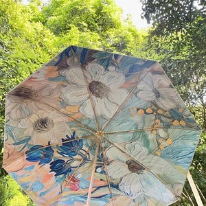 Vintage Floral Folding Umbrella: UPF 50+ UV Protection, Wooden Handle