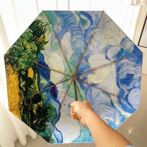 Van Gogh Art Umbrella: Silver UV Parasol, Windproof Travel Size