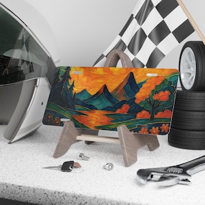Sunset Mountain Landscape License Plate: Vibrant Art Car Tag