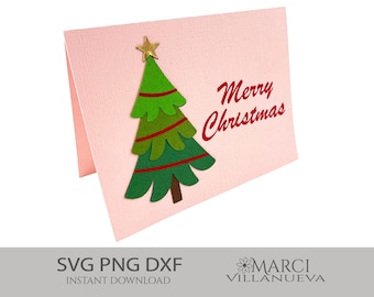 レイヤードクリスマスツリーカードSVG：ホリデーガーランドカットファイル（デジタルダウンロード）