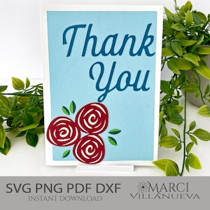 Cartão de agradecimento SVG com design de rosas em camadas – Arquivo Cricut e Silhouette – Modelo de cartão floral 3D – Cartão de felicitações faça você mesmo – Download instantâneo