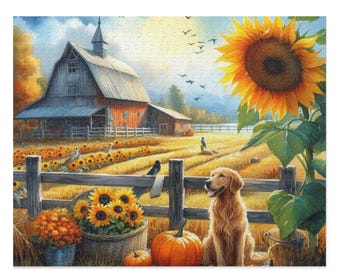 Gemütliches Herbstpuzzle, 120-500 Teile Puzzle, Herbstdekor im Bauernhaus, Geschenk für Hundeliebhaber, Familienaktivität, Thanksgiving-Spaß