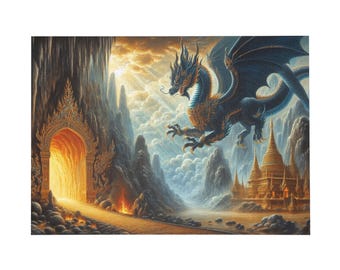 Op de afbeelding: Een blauwe en gouden draak vliegt door een mystiek landschap met een gouden boog en een tempel op de achtergrond.