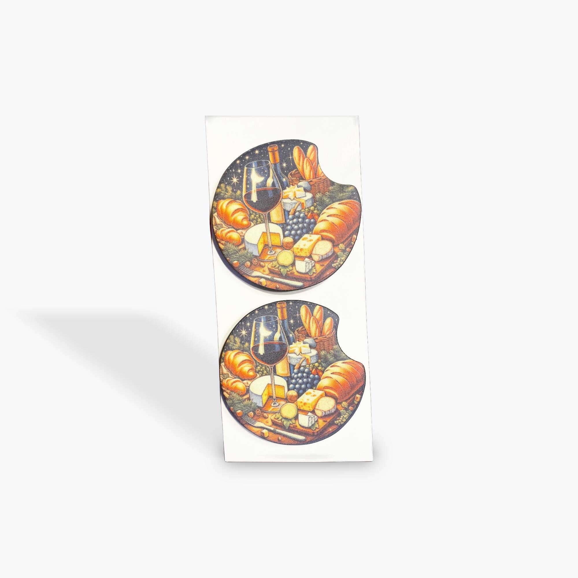 Car coasters with a Wine and Charcuterie theme