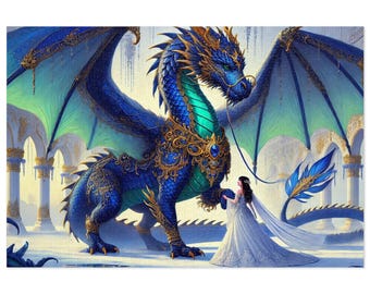 May include: A blue dragon with gold accents and a turquoise jewel on its chest is standing on a snowy surface. A woman in a white gown is holding a leash attached to the dragon's collar.