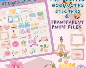 May include: A set of 47 digital stickers for Goodnotes, featuring illustrations of a cat, a cup of coffee, a shopping cart, a car, a plant, a frame, a drawer, a yoga pose, a checkmark, an X, a heart, a hamburger, a notebook, a pen, a pencil, a bottle, a party sign, and flowers. The stickers are pre-cropped and come in transparent PNG files.
