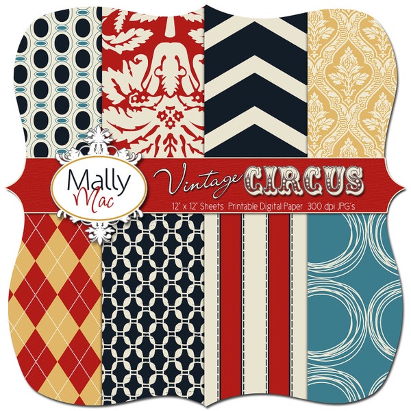 Vintage CIRCUS Digital Paper Set Pack 12" x 12" 300 dpi Chevron Damask Printable Scrapbooking Cards Wedding invitations Mally Mac & me