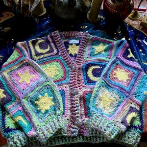 Celestial Cardigan • Ritually crochet Protection Cloak• Handmade Ceramic Moon Phase Buttons • Irish Pagan Art • Artisan Fiber Art