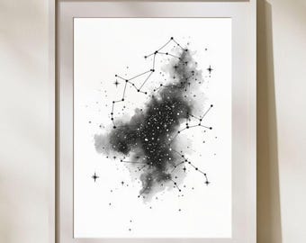 Constellation Wall Art Printable | Starry Sky Watercolor Digital Download | Black Galaxy Minimalist Decor | Modern Astronomy Art