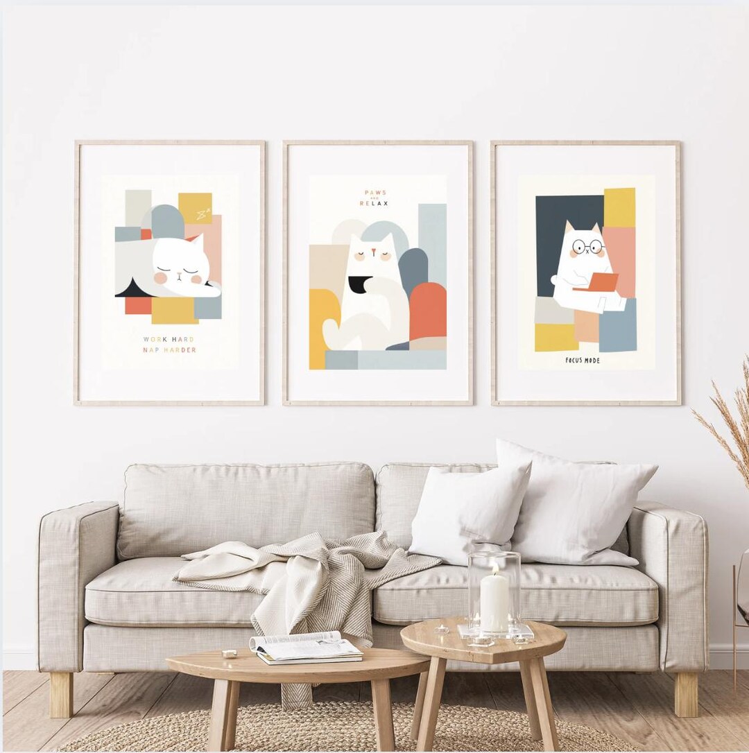Set of 3 Minimalist Cat Wall Art Prints | Neutral Abstract Animal ...