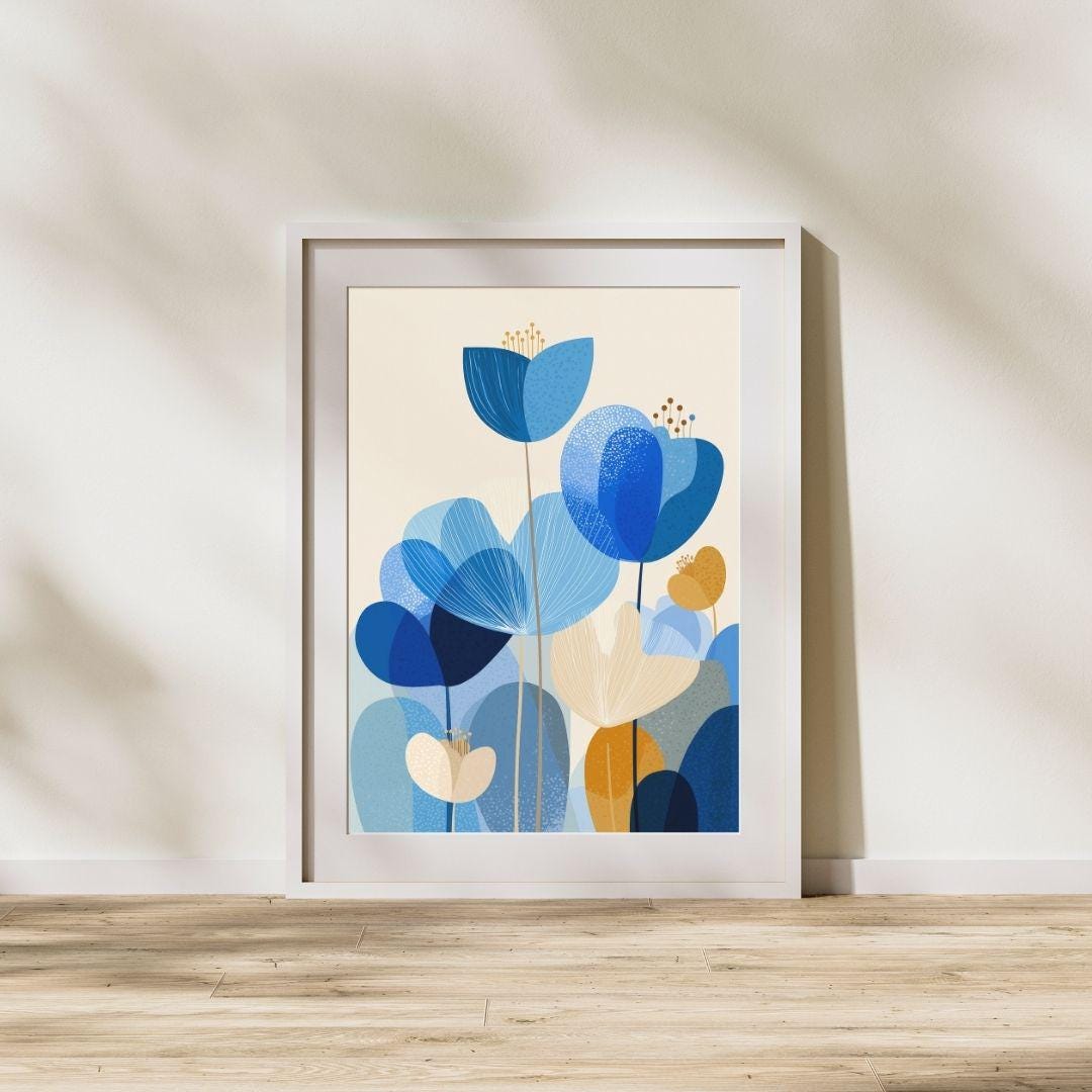 Modern Blue Floral Abstract Wall Art Print – Minimalist Botanical ...