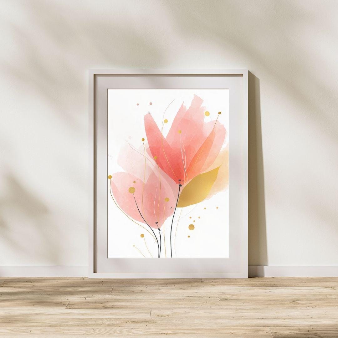 Blush Pink and Gold Abstract Floral Printable Wall Art – Modern Elegant ...