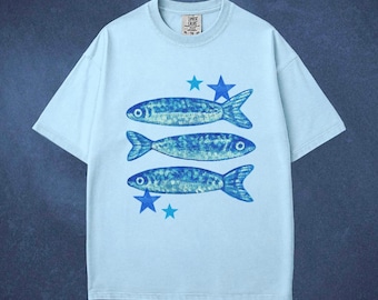 Blue Star Sardines T-Shirt Coastal Streetwear Fish Whimsy Graphic Shirt, Y2K Tee Cool Vintage Retro Shirt Gift Comfort Colors Unisex T-Shirt