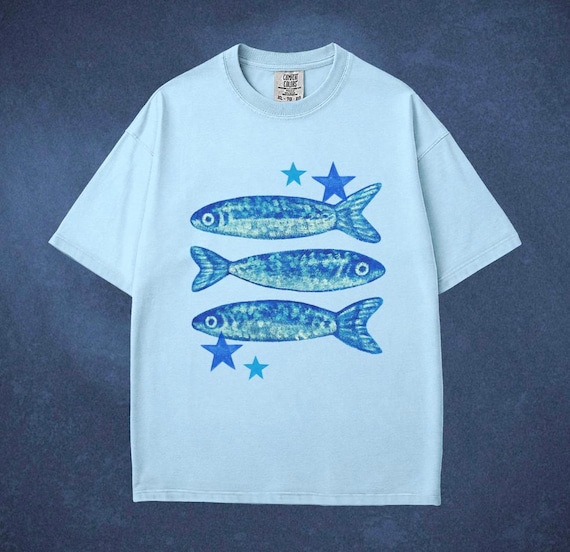 Blue Star Sardines T-Shirt Coastal Streetwear Fish Whimsy Graphic Shirt, Y2K Tee Cool Vintage Retro Shirt Gift Comfort Colors Unisex T-Shirt