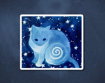 Celestial Swirl Cat Sticker, Navy Blue Sticker, Cute Illustrated Sticker Decal, Y2K Whimsical Grunge Sticker, Aesthetic Painted Sticker