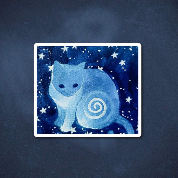 Celestial Swirl Cat Sticker, Navy Blue Sticker, Cute Illustrated Sticker Decal, Y2K Whimsical Grunge Sticker, Aesthetic Painted Sticker