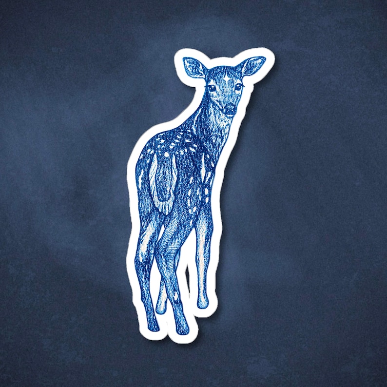 May include: A blue and white sticker featuring a detailed illustration of a deer. The deer is depicted in a standing pose, with visible spots and a white outline. The artwork has a hand-drawn aesthetic.
