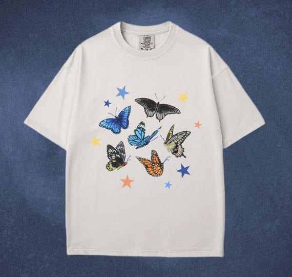Butterfly Stars T-Shirt, Cute Aesthetic, Whimsical Bug Shirt, Grunge Y2K Tee, Cool Vintage Retro T-Shirt Gift, Comfort Colors Unisex T-Shirt