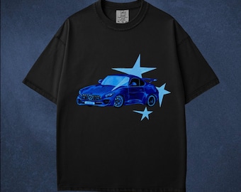 Blå stjärna bil t-shirt, indie streetwear estetik, indie konst t-shirt, y2k t-shirt, cool vintage retro t-shirt present, bekväma färger unisex t-shirt