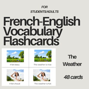 French Vocabulary Flashcards - The Weather | Printable French Vocabulary Flashcards for Beginners | Digital Download