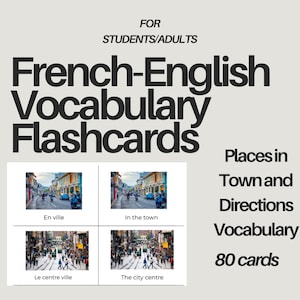 French Vocabulary Flashcards - Places in Town and Directions | Printable French Vocabulary Flashcards for Beginners | Digital Download