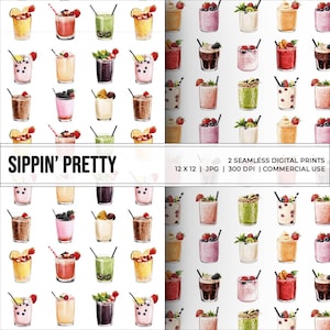 Drink Print | Smoothie Seamless Pattern Digital Download | Fruity Drink Summer Design | Printable Commercial Use | 12x12 Repeat