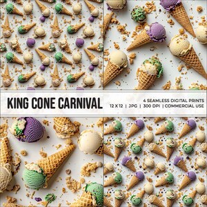 May include: A seamless pattern featuring ice cream cones with various flavors and toppings, including vanilla, chocolate, strawberry, and sprinkles. The cones are arranged in a repeating pattern on a white background. The pattern is perfect for creating a fun and festive atmosphere.