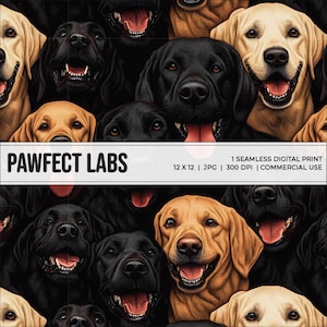 May include: A seamless digital print pattern featuring a close-up of various dog breeds, including Labrador Retrievers and black labs. The dogs are all smiling and looking directly at the viewer. The pattern is perfect for fabric, wallpaper, or other creative projects.