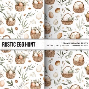 Può includere: Due stampe digitali senza cuciture con un tema di caccia alle uova rustica. I motivi includono uova marroni, bianche e verdi in cesti intrecciati, insieme a foglie verdi e fiori bianchi su uno sfondo bianco. Il testo "RUSTIC EGG HUNT" e "2 SEAMLESS DIGITAL PRINTS" è incluso nell'immagine.