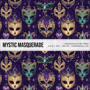 Mardi Gras Print | Mystic Masquerade | Elegant Mask Seamless Pattern | Luxurious Carnival Print | Festive Digital Download | 12x12 Repeat