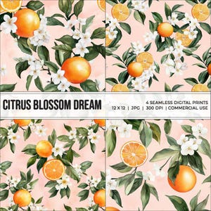 Könnte beinhalten: Vier nahtlose digitale Drucke mit einer Aquarell-Illustration von Orangenblüten und Orangen auf rosa Hintergrund. Der Text "CITRUS BLOSSOM DREAM" und "4 SEAMLESS DIGITAL PRINTS 12 X 12 | JPG | 300 DPI | COMMERCIAL USE" ist im Bild enthalten.