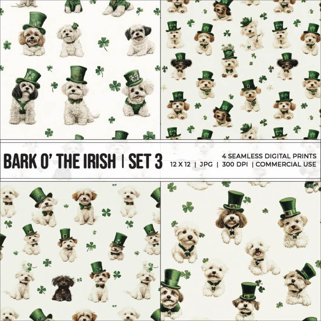 St Patricks Day Dog Print: Shamrock Puppy Seamless Pattern (digital ...