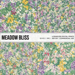 Puede incluir: Un patrón de impresión digital sin costuras que presenta un prado lleno de flores silvestres coloridas en tonos de morado, rosa, amarillo y blanco. Las flores están dispuestas en un patrón aleatorio sobre un fondo verde.