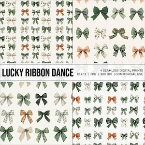 May include: Four seamless digital prints featuring a repeating pattern of colorful bows on a white background. The text "LUCKY RIBBON DANCE" is displayed at the bottom of the image. The text "4 SEAMLESS DIGITAL PRINTS" is displayed at the bottom of the image. The text "12 X 12 | JPG | 300 DPI | COMMERCIAL USE" is displayed at the bottom of the image.