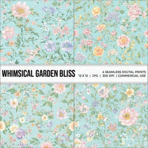 Puede incluir: Un estampado digital sin costuras que presenta una escena de jardín caprichosa con flores rosas, amarillas y azules sobre un fondo azul claro. La impresión mide 30,5 cm por 30,5 cm y 300 DPI.