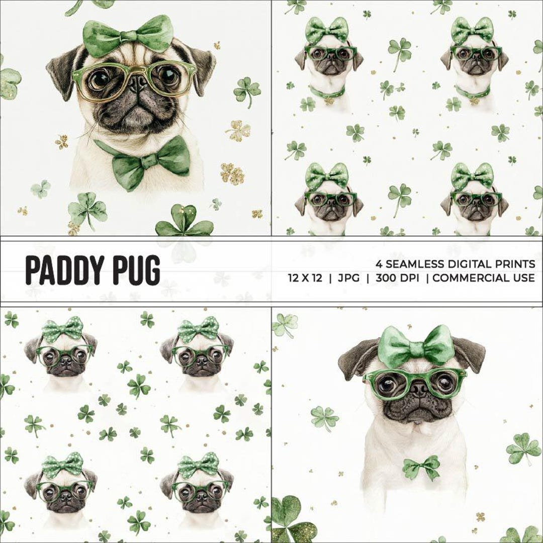 Paddy Pug - St. Patrick’s Day Dog Pattern, Cute Shamrock Pug Digital ...