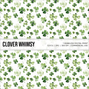 Könnte beinhalten: Ein nahtloses digitales Druckmuster mit einem sich wiederholenden Design aus grünen vierblättrigen Kleeblättern auf weißem Hintergrund. Das Muster ist 12 Zoll mal 12 Zoll groß und hat eine Auflösung von 300 DPI. Es ist für kommerzielle Zwecke bestimmt.