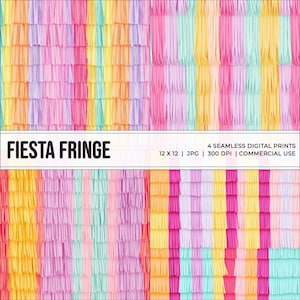 Könnte beinhalten: Vier nahtlose Digitaldrucke mit einem farbenfrohen Fransenmuster. Die Drucke zeigen vertikale Streifen in Rosa, Gelb, Orange und Türkis. Der Text "FIESTA FRINGE" wird am unteren Rand des Bildes zusammen mit den Druckspezifikationen angezeigt.