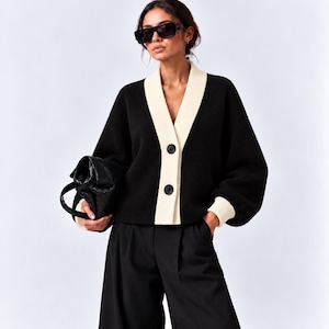 Black Contrast Knit Cardigan for Women, Cream Trim V Neck Sweater, Oversized Button Up Cardigan, Elegant Fall Winter Knitwear
